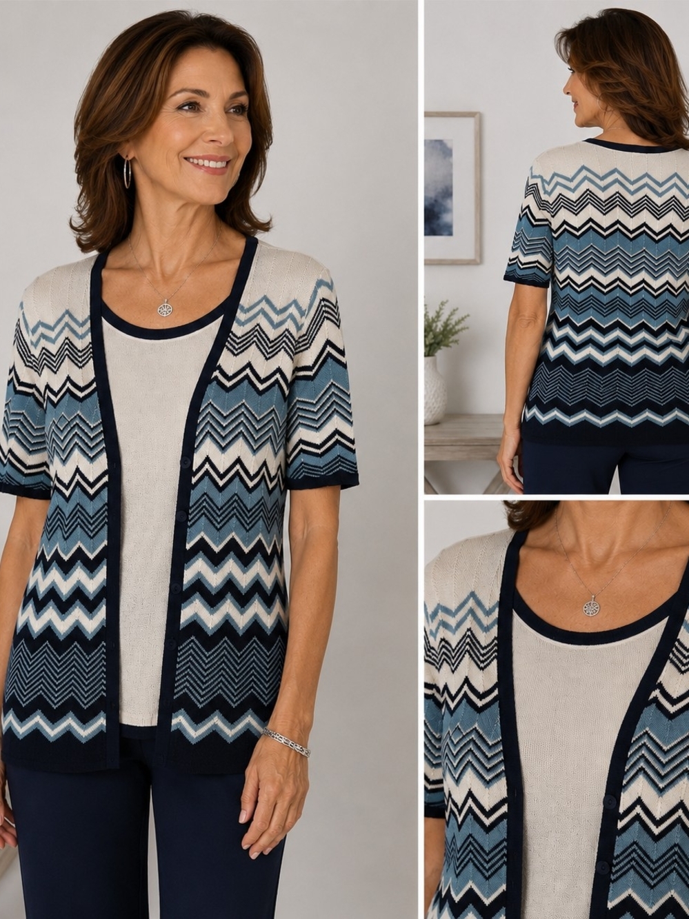 Alfred Dunner Women’s XL Chevron Layered Look Sweater Top Blue Short Sleeve